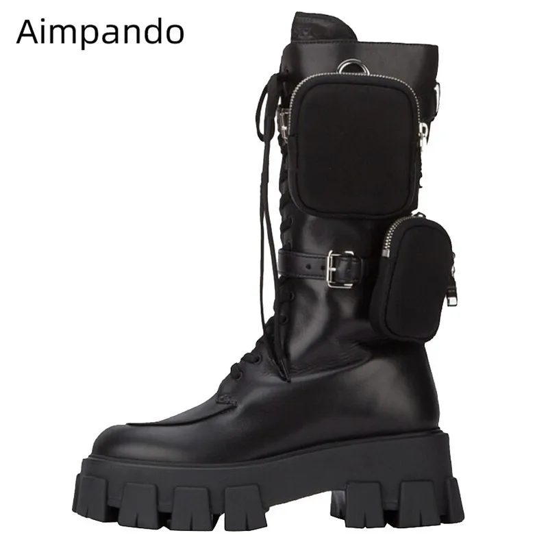 

Pocket Boots Women Round Toe Thick Bottom Martin Bottes Cross Lace Up Side Zip Botas Mid Calf Decor Purse Bags Army Boots Women