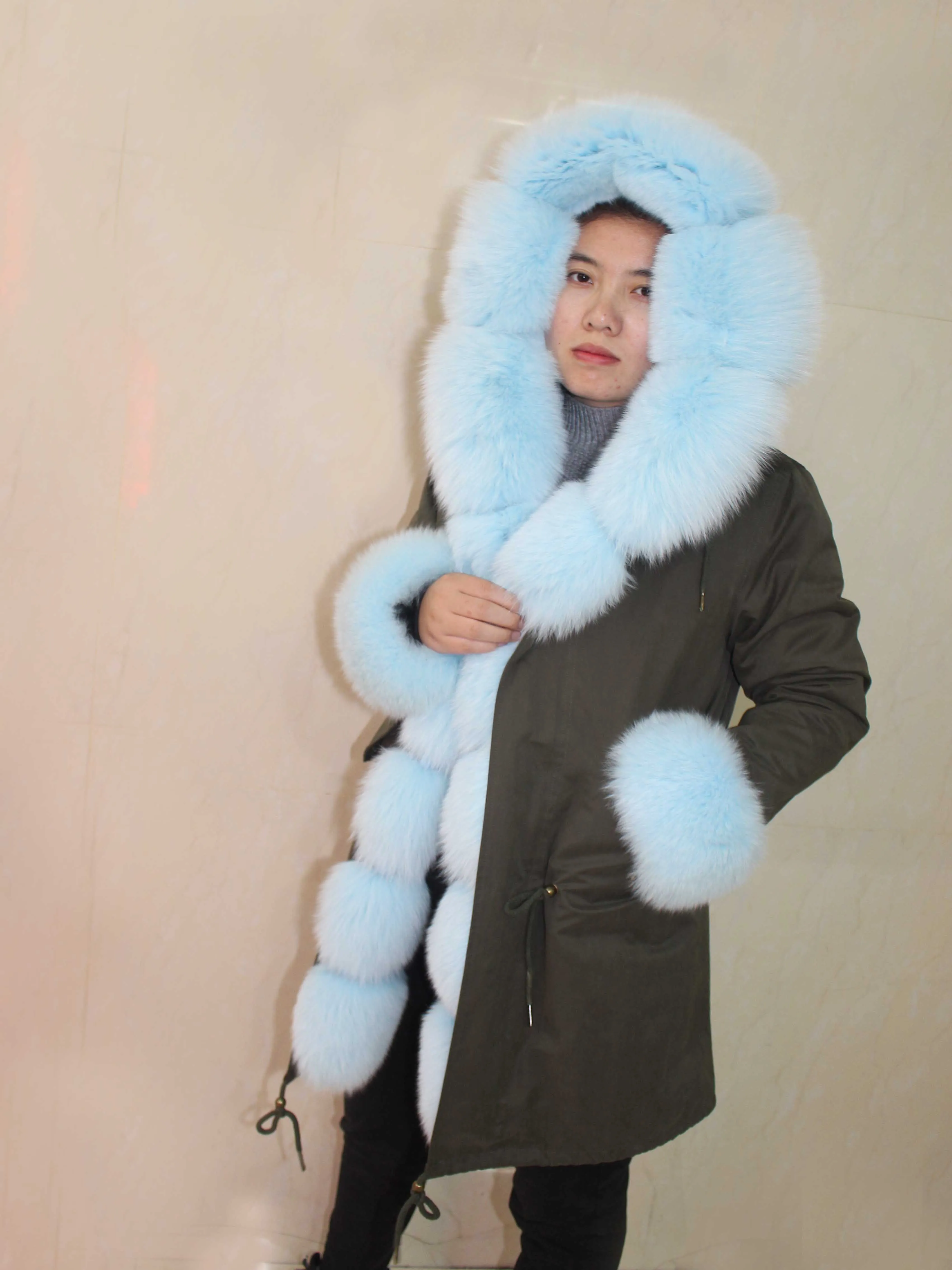 Linhaoshengyue, новинка, воротник из лисьего меха, куртка, женское длинное пальто, Женское зимнее пальто, пальто с подкладкой из кроличьего меха - Color: Army green