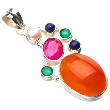 

StarGems Natural Carnelian,Cherry Ruby,Lapis Lazuli,River Pearl And Chrysoprase Handmade 925 Sterling Silver Pendant 1.75" D9367