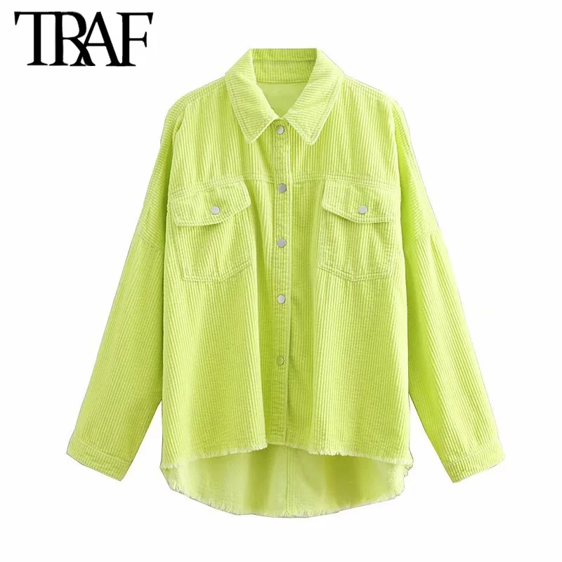 

TRAF Women Tops Vintage Stylish Pockets Corduroy Blouses Long Sleeve Lapel Collar irregular Fashion Shirts Blusas Mujer