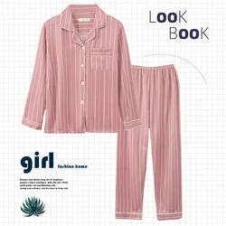 Autumn Long-sleeved Trousers Pajamas Women's Lapel Cardigan Stripes Can Be Worn Outside Plus Size Ladies Cotton Home Wear