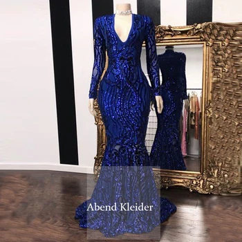 

Long Sleeves Blue Mermaid Prom Dresses 2020 Lace V Neck Real Photos Evening Gowns for African Black Girls