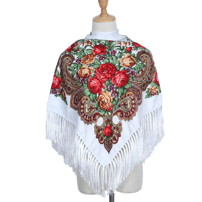 90*90cm Enthic Style Russian Women's Square Scarf Shawl Retro National Fringed Print Scarves Winter Ladies Head Wraps Hijab 90 90cm russian national square scarf for women cotton big flower print shawl head scarves ladies retro fringed foulard bandana