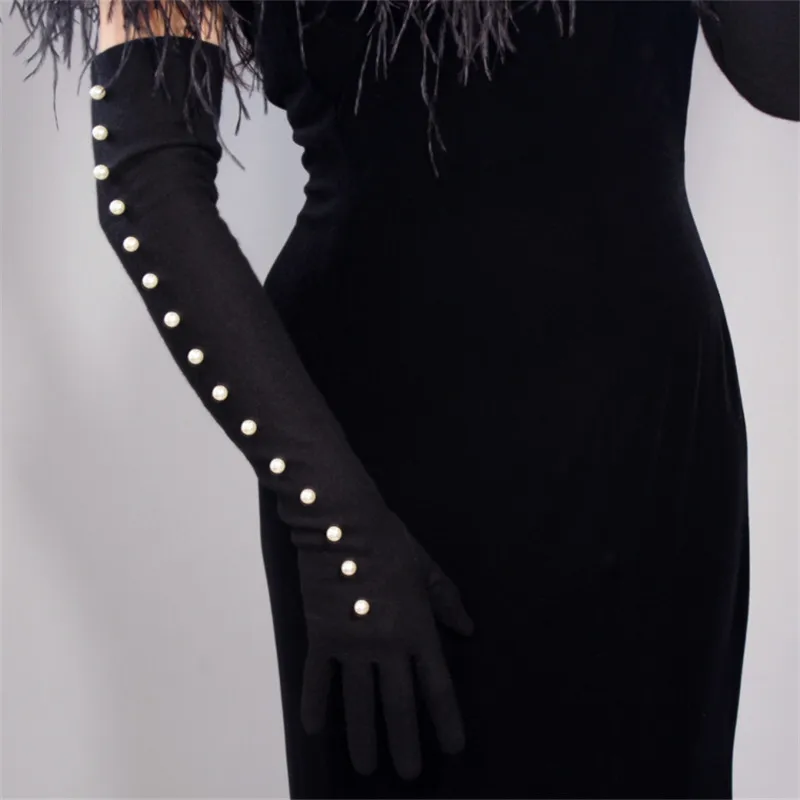 60cm Cashmere Gloves Long Section Wool Black Elastic Vintage Vestido de noche Gloves Female White Pearl Decoration WYR01
