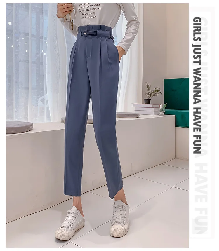REALEFT Autumn Korean Casual Women Pants with Belt Female Work Wear Pants High Waist Trousers Office Lady New Trousers