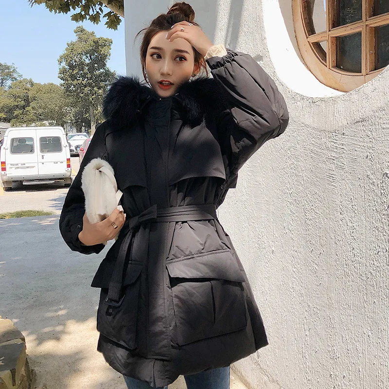 New Style Korean-style White Duck Down Jacket Women's Short-height Workwear Coat Genuine Fur Collar Income Belt Slimming