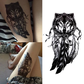 

Women Wolf With Feather Cool Temporary Tattoo Sticker Waterproof Tattoo Stickers Arm Shoulder Leg Back Tattoo Sticker