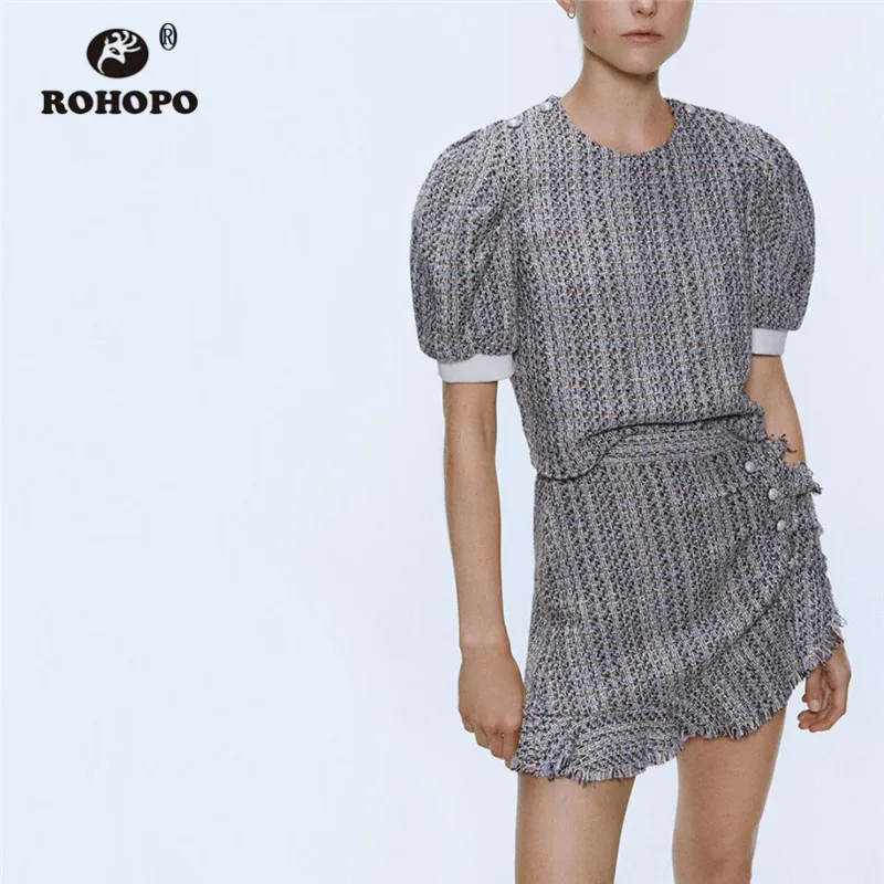 

ROHOPO Tweed Skirt Autumn pearl Buttons Draped Front Tassel Edge Mini Skirts Flared Hem Plaid gradient Falda #9699