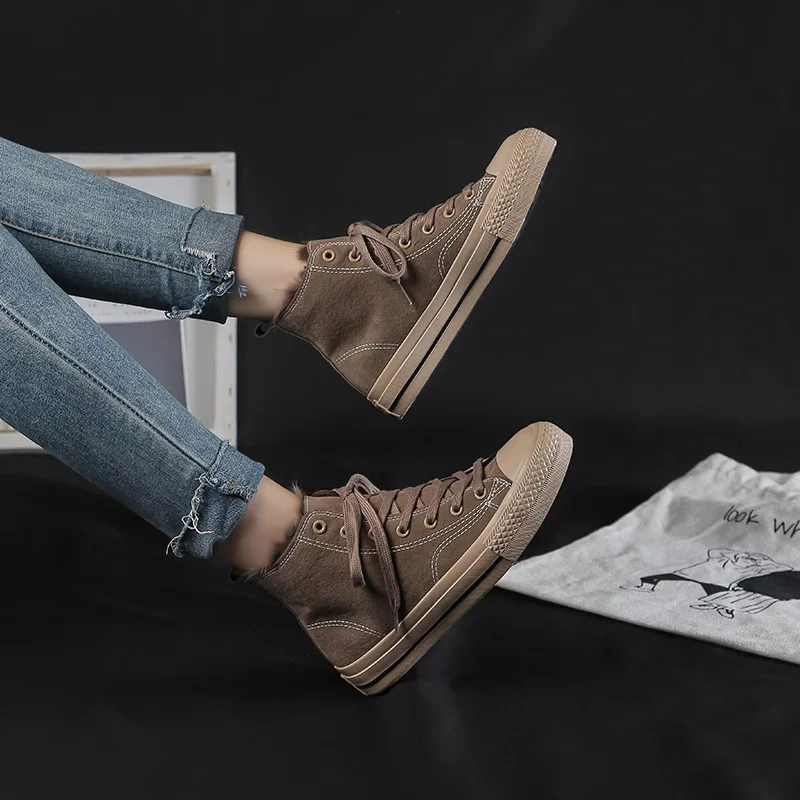 

Shoe Women's Students Korean-style Hight-top plus Velvet Canvas Trendy Shoes INS Autumn & Winter Fluffy Shoes 1970s Students Ska