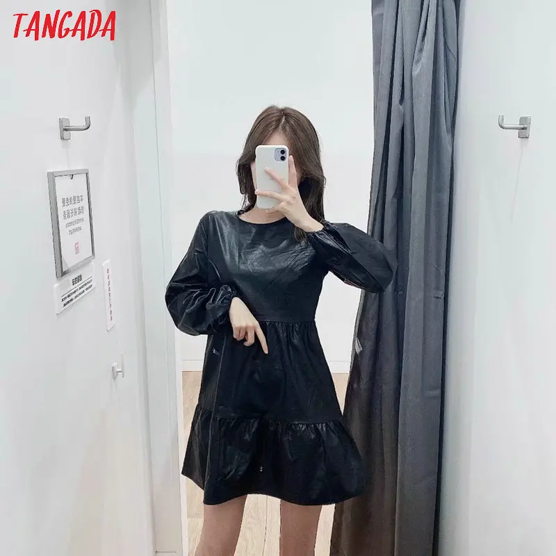 Tangada женское элегантное черное платье из искусственной кожи с длинным рукавом винтажное женское повседневное мини-платье vestidos 5Z91