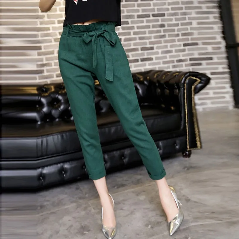 Breathing Cotton Linen] Cotton Linen Pants Women's Summer Casual Slimming Capri Pants High-waisted Loose-Fit Skinny Pants