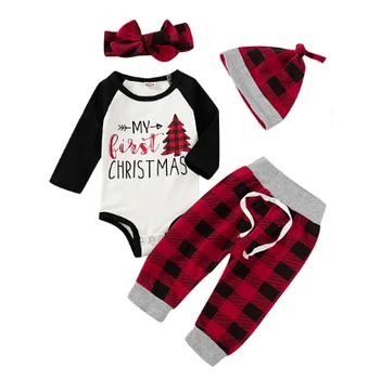 

0-24M Baby Christmas Tree Printed Long Sleeve Jumpsuit + Plaid Trousers + Hair Band Xmas Set Outfits