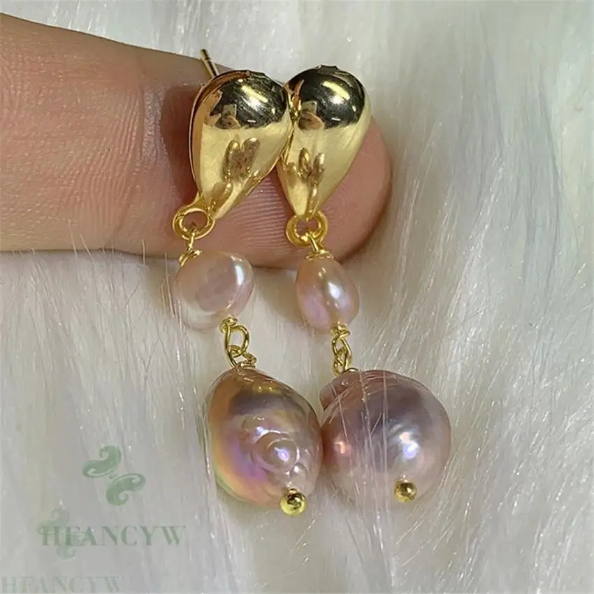 

10-12mm Color Baroque Pearl Earring 18k Gold Ear Drop Dangle Wedding Fashion Flawless Jewelry Natural Women AAA Cultured