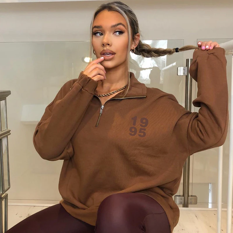 

Letter Print Oversized Brown Y2k Sweatshirt Women Winter Clothing Fall 2020 New Trend Harajuku Zip-Up Long Sleeve Pullovers Tops