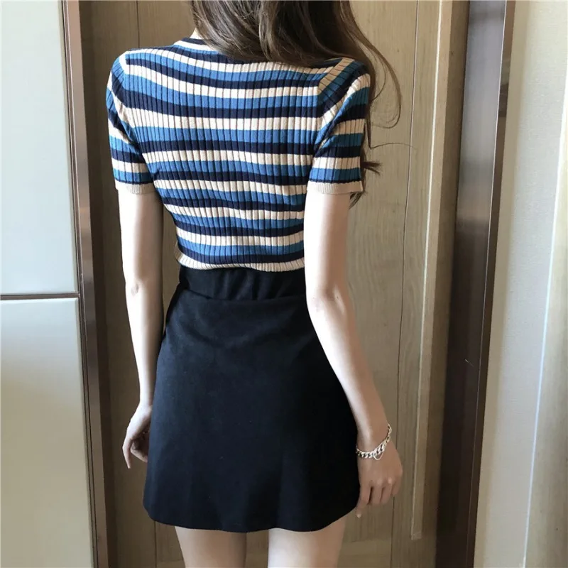 Женская футболка Dear combines, топ, летняя мода, повседневная, короткий рукав, подходит ко всему, полосатая, облегающая, Сексуальная футболка, Ropa Coreana