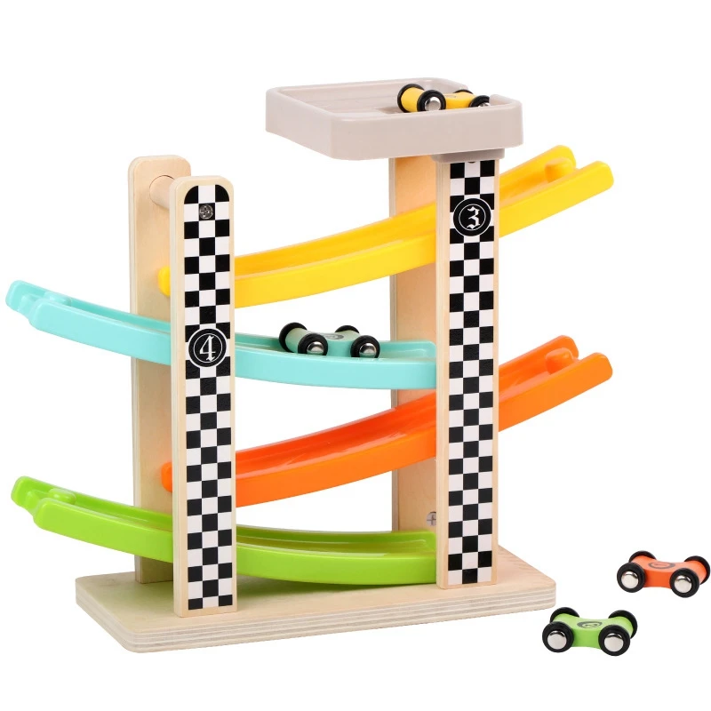 

FFYY-Toddler Toys for 12 Year Old Boy and Girl Gifts Wooden Race Track Car Ramp Racer with 4 Mini Cars