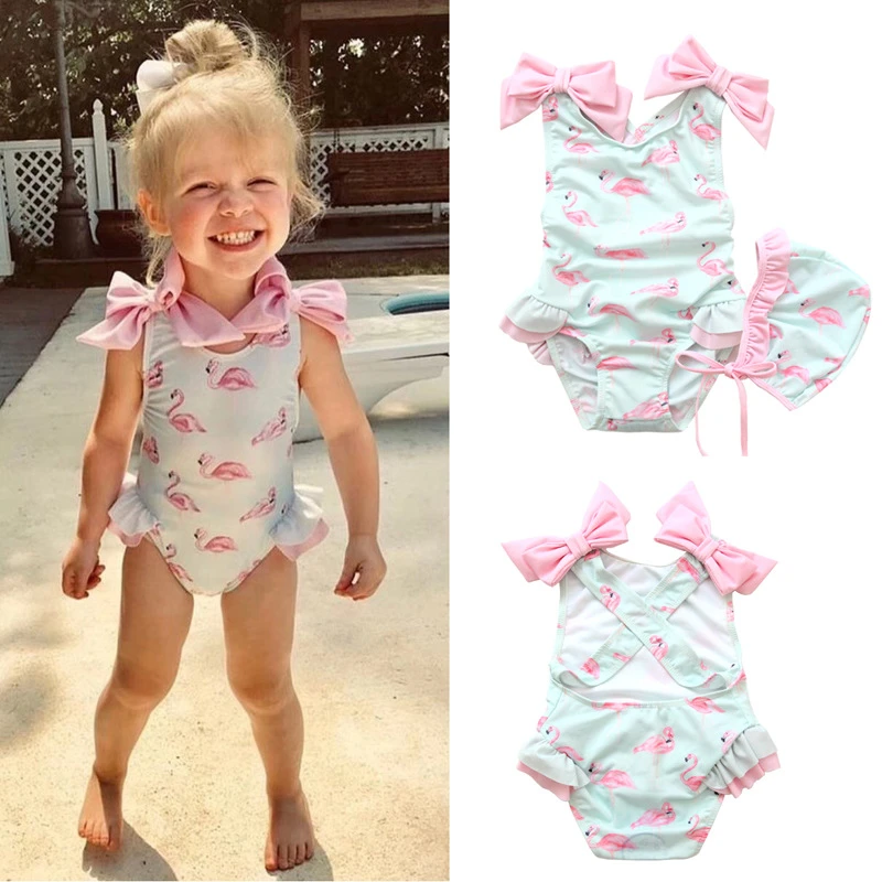 Ins Baby Girls Swimwear with Caps 