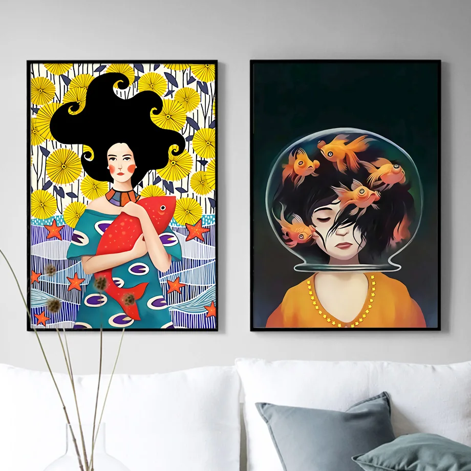

Goldfish Fish Flower Starfish Girl Wall Art Print Canvas Painting Nordic Canvas Posters And Prints Wall Pictures For Living Room