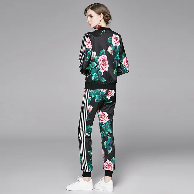 Autumn Runway Two Piece Outfits for Women Elegant Office Rose Print Short Jackets Coat Long Pants 2 Pieces Sets