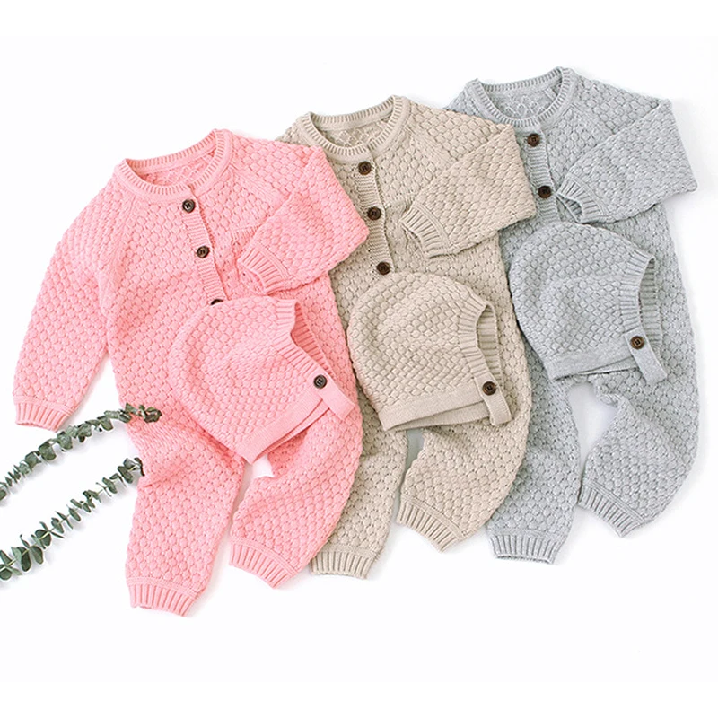 

2019 Autumn New Baby Front Open Buckle Knit Jumpsuit Warm Hat Newborn Cotton Romper