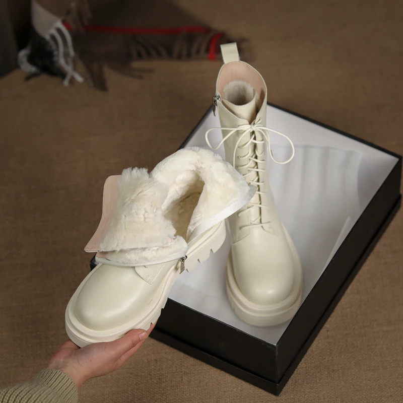 

New Arrival Women Cow Leather Ankle Boots Zipper Keep Warm Wool Fur Winter Snow Boots Platforms Casual Shoes Woman Basic Boots