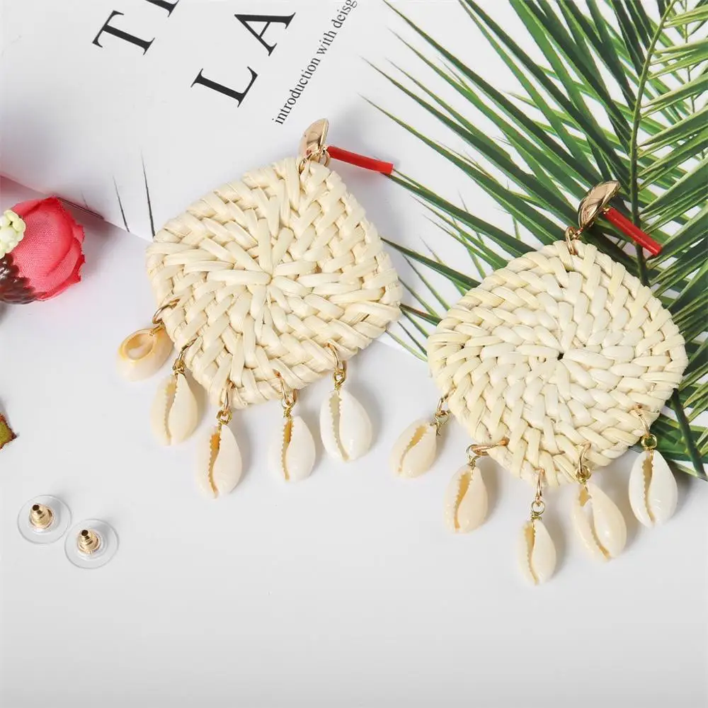 

2019 Earrings Pendant Shell Rattan Earrings Bohemian Woven Wicker and Straw Earrings Seashell Handmade, White and Coffee A1