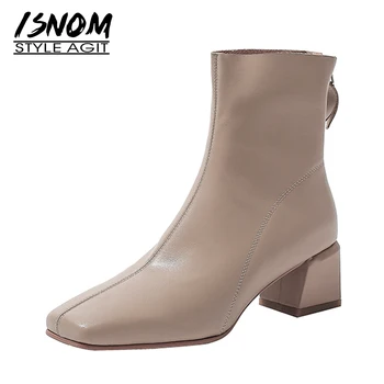 

ISNOM New Ankle Boots Woman Cow Leather Shoes Hoof Med Heels Booties Women Square Toe Ladies Shoes Zipper Genuine Leather