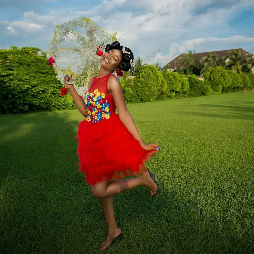 Chic Red Mini Tulle Dresses Women 2020 Sexy With Flower Appliques O-Neck Sleeveless Short Party Tulle Dress Girls Custom Made