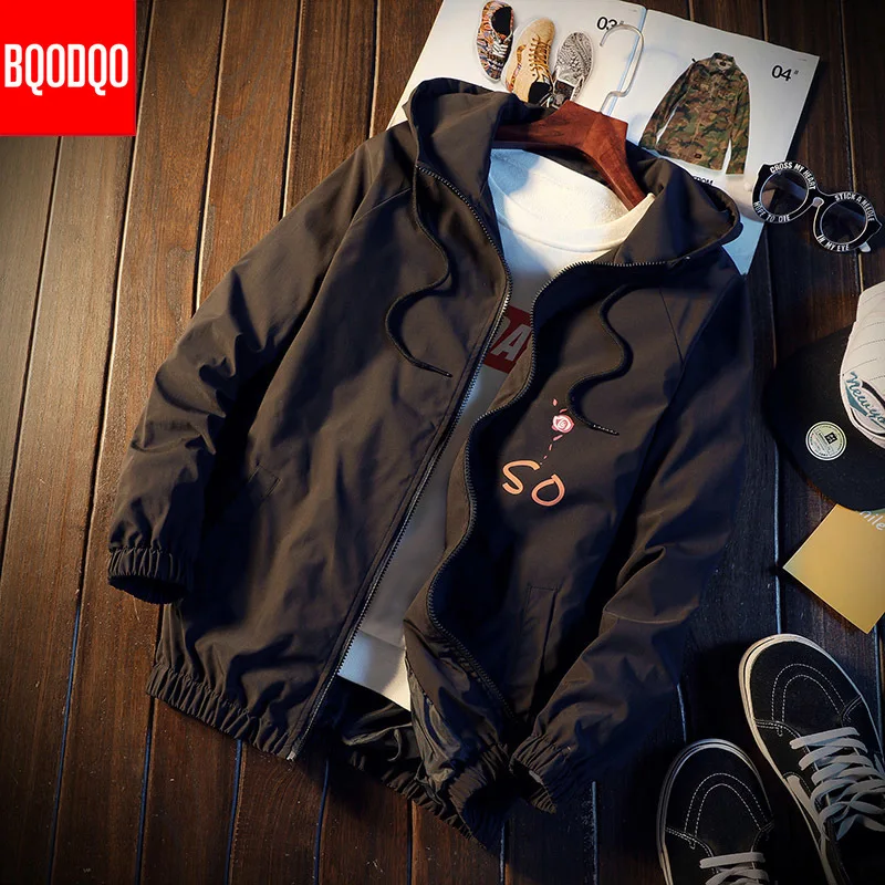 BQODQO Забавный цветочный принт на шнуровке военные куртки мужские с капюшоном спортивный костюм колледж Свободное пальто осенняя Японская уличная одежда Куртка Новинка