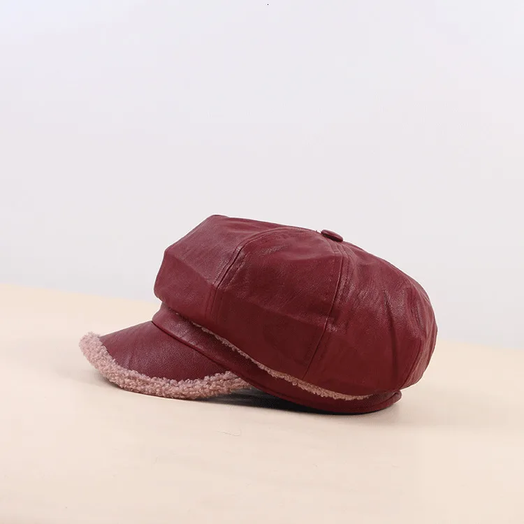 Wine red Женская шапка из овечьей шерсти, зимняя Толстая теплая восьмиугольная кепка газетчика, шапка художника, Женская корейская мода, винтажный капот берет, новинка - Цвет: Wine red