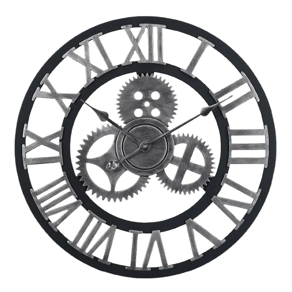 60cm Large Circular Wall Clock Retro Gear Rome Style Quarz Silent Hanging Needle Clock For Home Living Room Decor 2 Colors