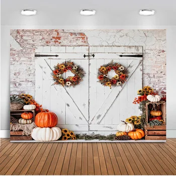 

Autumn Little Pumpkin Backdrop for Photography Fall Flowers Wood Door Background Brick Wall Newborn Birthday Halloween Photocall