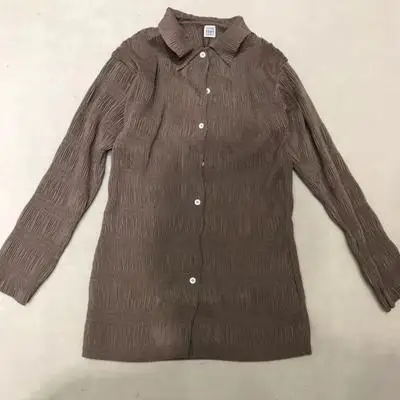 Brown High Quality New Fashion Women Blouse Long Sleeve O Neck Button Front Slim Shirt Female Fashion Pleated Tops Blouse - Color: Brown