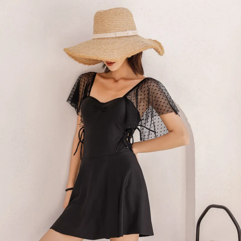 

Women's One-Piece Swimsuit Swimwear Push Up Female Fused 2019 One Piece Women Black Swimsuits Cover With Skirt Arms Red Fanins