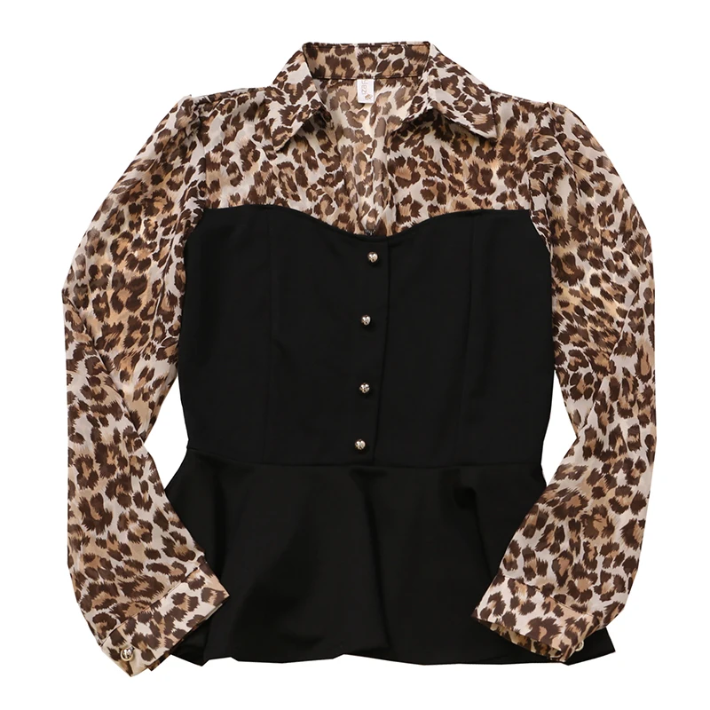 Blusas mujer de moda, отложной воротник, леопардовые оборки, уличная одежда, стиль пэчворк, Женские топы и блузки, корейская мода, одежда
