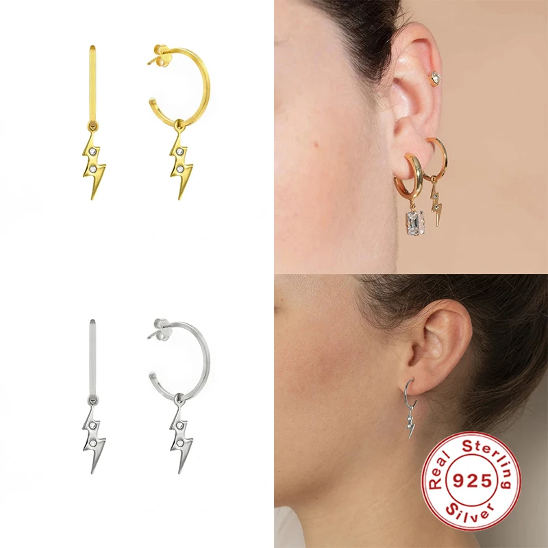 

GS Lightning Shape Zircon Pendant Stud Earrings For Women 925 Silver C Shape Earrings Fine Jewelry Pendientes Brincos Aretes