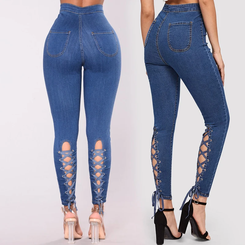 

New Europe high-elastic Slim Jeans Woman Fashion Frenulum Design for Trousers Feet Strap Skinny High Denim Pants Female