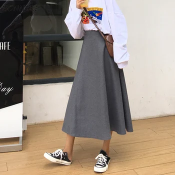 

Skirts Women High Quality Korean Style 2020 New Ladies Winter Kawaii Womens Solid Mid-Calf Length A-Line Skirt Ladies Lovely