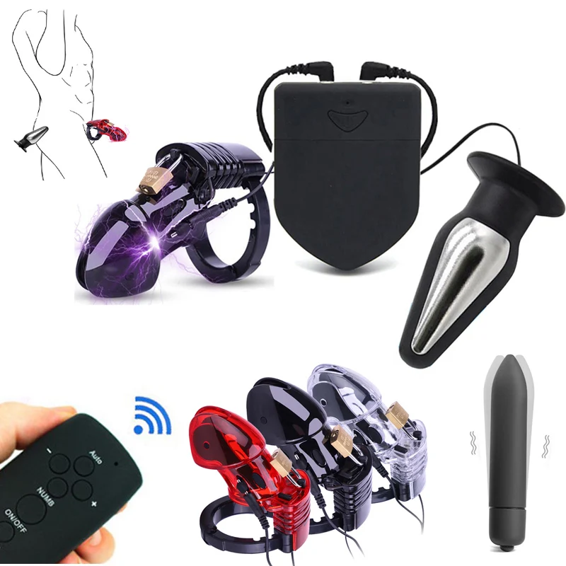 Wireless Remote Electric Shock CB6000 Cock Cage Ball Stretcher Electro Shock Anal Plug Vibrator Penis Ring Sex Toys For Men