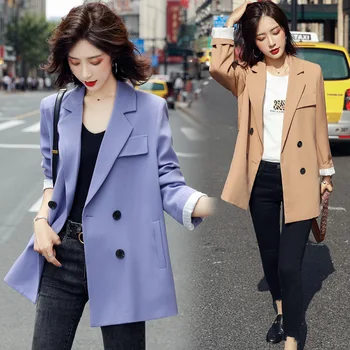 

Women's single coat 2019 autumn new temperament fashion casual Slim solid color double-breasted small suit women's shirt
