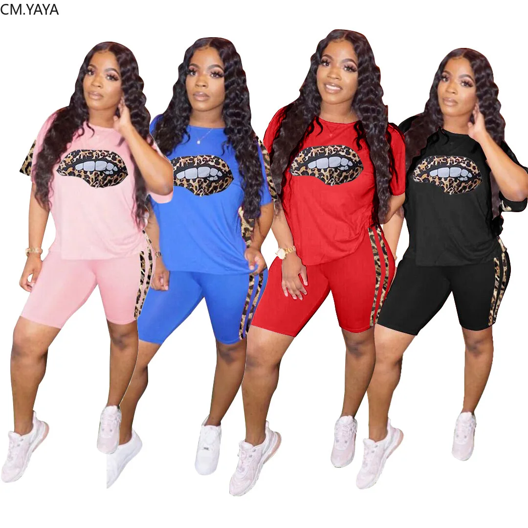 CM.YAYA Sport Women Set Two Piece Tracksuit Leopard Lips Tee Tops Knee Length Jogger Pants Suit Fitness Outfit Matching |