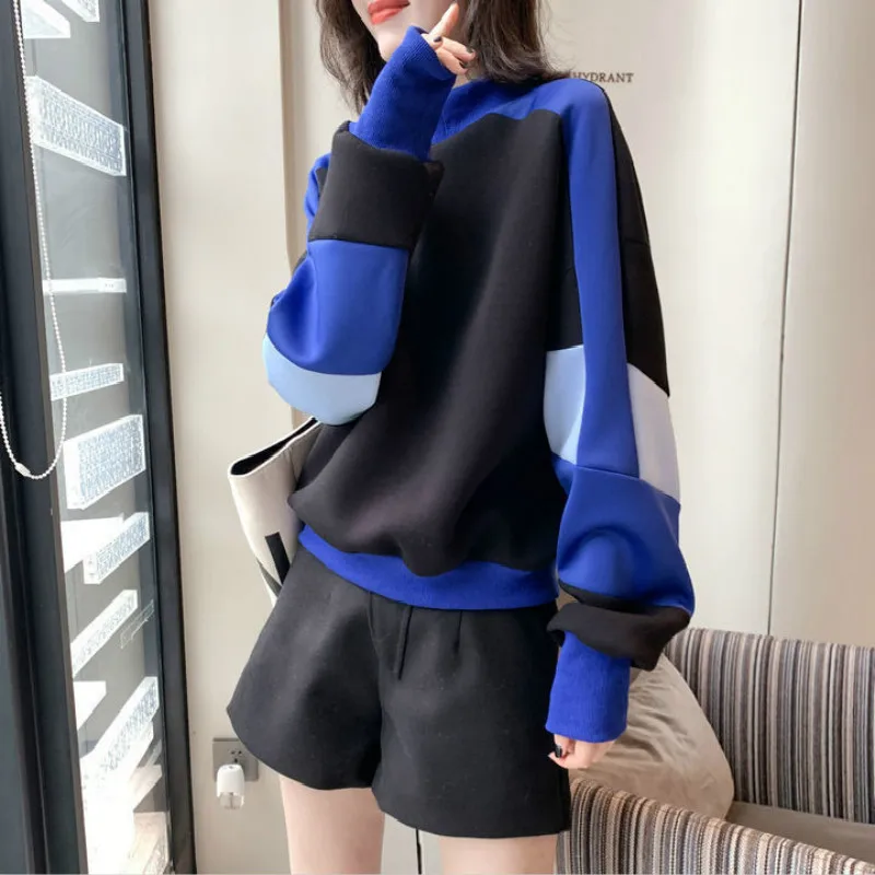 Streetwear Women Space Cotton Sweater Stitching Korean Loose Long Sleeve Round Collar In Black Top Long Sleeve Fall 2020 Women