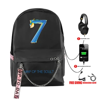 

New Fashion Bangtan Boys Backpack Usb Rechargeable Schoolbag Women's Shoulder Travel Bag Map of Soul 7 Teenage Girls Bag Print