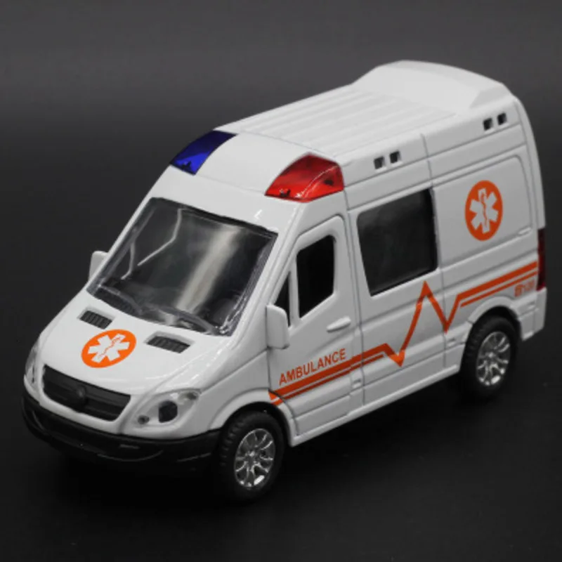 1/32 Diecast Alloy Car Metal Model Simulation Ambulance Police Vehicle Fire Truck Sound And Light Toy For Children Birthday Gift