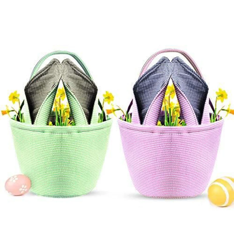 Wholesale Easter Basket Seersucker Egg Hunt Bunny Bucket With Rabbit