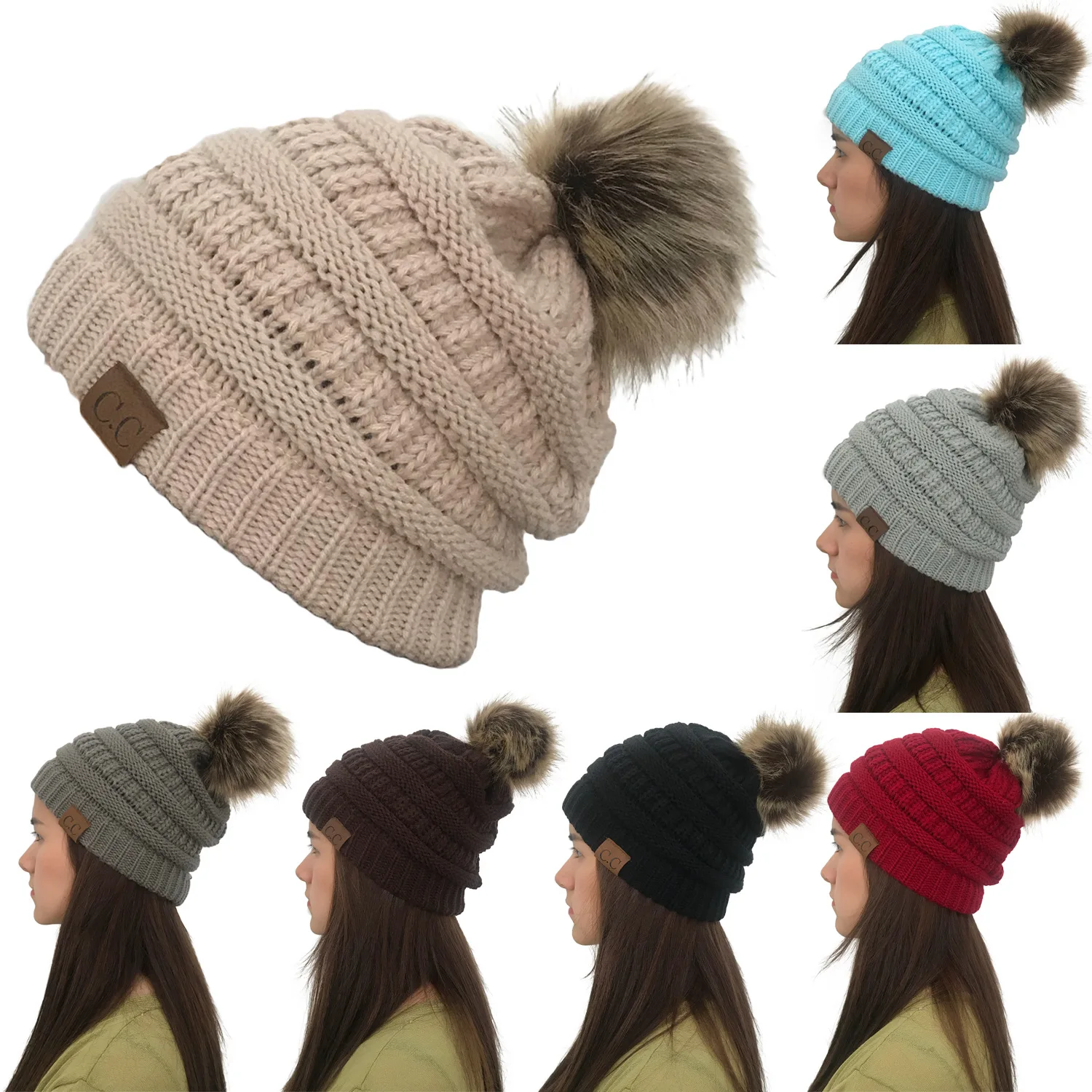 

Fashion, leisure, popular style, European and American autumn and winter women CC sticker ball knitted hat outdoor skiing