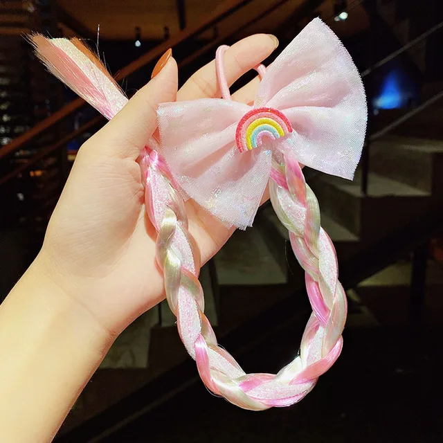 2021 New Girls Cute Cartoon Bow Butterfly Colorful Braid Headband Kids Ponytail Holder Rubber Bands Fashion Hair Accessories 29