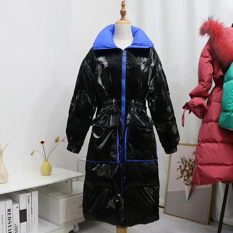 Winter Women Silver Duck Down jacket Loose High collar Female Long Outwear Long sleeve Thick warm Coat Casual YNZZU 9O096