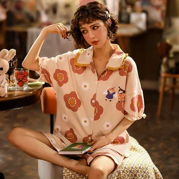 

Lapel cartoon printing thin section summer comfortable pajamas women cute 2 piece pajamas shirt short sleeve pants home service