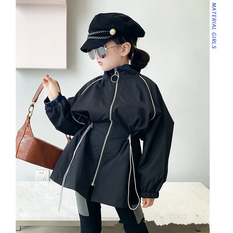 

2020 Spring Autumn Girls Mid-length Cool Fashion Stand-up Collar Waist Jacket Stitching Black Coat